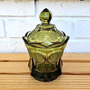 FOSTORIA Olive Green COIN GLASS CANDY / NUT JAR AND COVER Vintage 1970s MCM